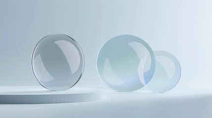 Three clear glass spheres of varying sizes, placed on a white platform against a light blue background