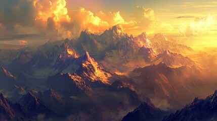 A view of a mountain range at sunset, with the warm golden light bathing the peaks and creating a stunning contrast with the cool shadows in the valleys below.
