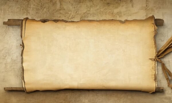 Vintage blank parchment scroll with aged texture on wooden rods for historical document or ancient manuscript design