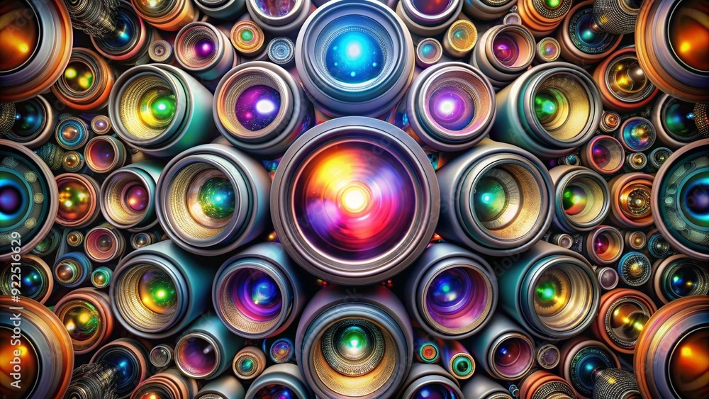 Poster a mesmerizing abstract composition of camera lenses and vibrant light rays. generative ai