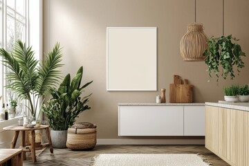 Minimalist Kitchen interior with Poster Mockup created with Generative AI
