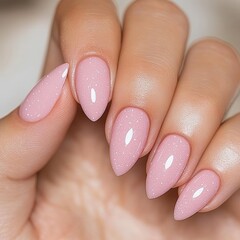 Elegant pink nail art with sparkling finish showcased on well-manicured hands
