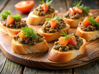 Freshly toasted baguette slices topped with rich olive tapenade, smoked salmon, and a sprinkle of fresh dill, perfect for a sophisticated appetizer or snack.