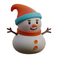 A chibi 3D Snowman with a large head, big eyes, wearing a Christmas-themed hat and scarf, with a carrot nose and coal buttons. The background is transparent.