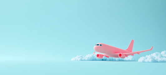 A pink cartoon airplane in sky on pastel blue color background
