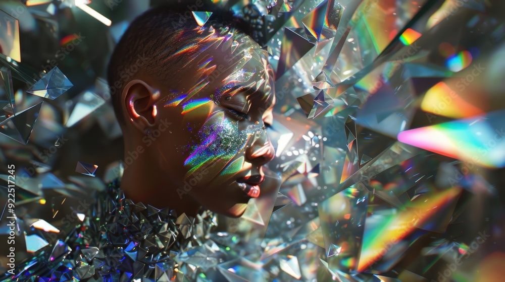 Poster a model stands amidst sparkling crystals, with light refracting in vibrant colors across their body,