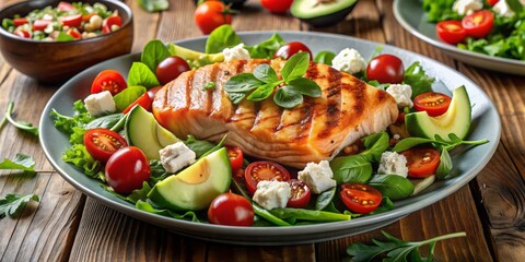 Fresh mixed greens topped with grilled salmon fillet, creamy avocado slices, cherry tomatoes, and crumbled feta, drizzled with rich balsamic vinaigrette dressing.