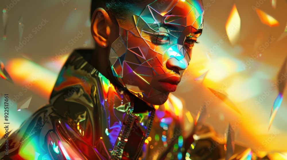 Poster a model's face is transformed with colorful holographic patterns in an abstract setting, reflecting 