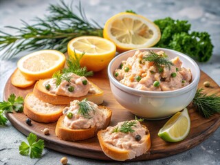 Freshly prepared salmon mousse garnished with dill and capers, served with crispy toasted baguette slices and a side of lemon wedges on a marble background.
