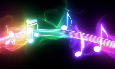 Colorful neon music notes on dark background with flowing light effects