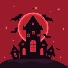 simple black castle with windows on the red background. halloween vector simple flat art