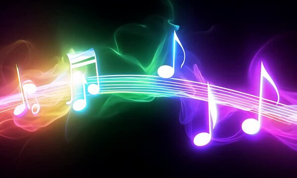 Colorful neon music notes on dark background with flowing light effects