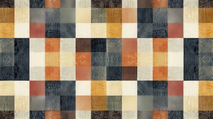 Fototapeta premium A vibrant patchwork fabric with squares in warm colors creating a textured design perfect for crafting