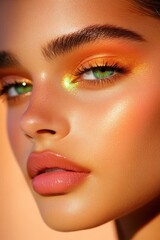 Captivating close-up portrait of a model showcasing vibrant makeup in warm sunlight