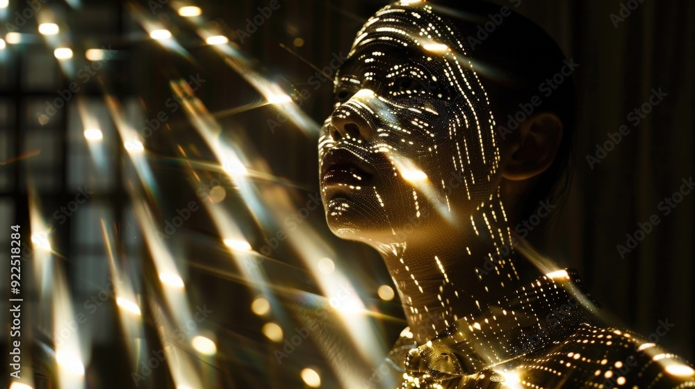 Poster a figure stands still while beams of light create complex patterns across their face and body in a s