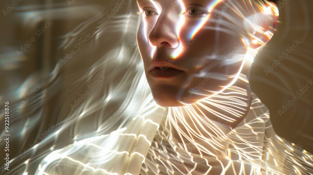 Poster a person stands still while dynamic light patterns create an artistic display on their face and body