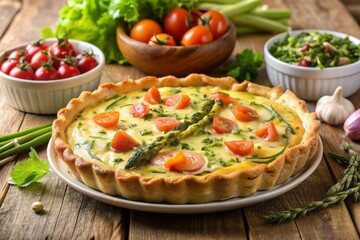 Freshly baked quiche overflowing with smoked salmon, tender asparagus, caramelized onions, and melted Gruy&egrave;re, nestled in a gluten-free crust, served with a refreshing side salad and seasonal fruit.