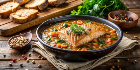 Hearty, slow-cooked salmon and lentil stew served steaming hot with a side of crusty, artisanal bread and a sprinkle of fresh parsley for garnish.