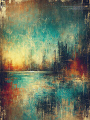 Grunge Colorful Background with Abstract Cityscape. Scratches vintage texture with canvas overlay