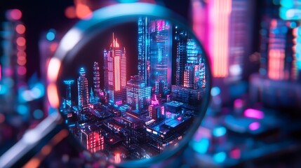 A close-up view of a futuristic city through a magnifying glass, illuminated in vibrant pink and blue hues.
