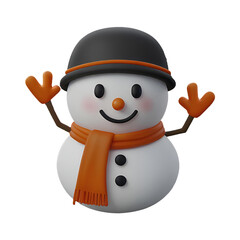A chibi 3D Snowman with a large head, big eyes, wearing a Christmas-themed hat and scarf, with a carrot nose and coal buttons. The background is transparent.