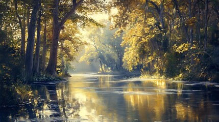 Sunlit River Winding Through a Dense Forest