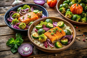 Freshly prepared salmon and quinoa bowls filled with an assortment of roasted vegetables, including Brussels sprouts, sweet potatoes, and red onions, on a rustic wooden table.