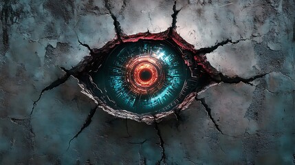 A cracked concrete wall reveals a glowing technological eye with a concentric ring design.