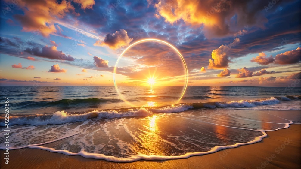 Poster a stunning 3d render of a wave crashing on a beach with a celestial light circle generative ai
