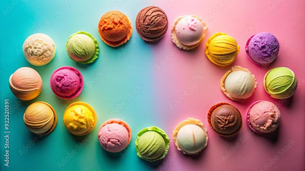 Poster a whimsical top-down view of ice cream against a vibrant gradient background ai generated