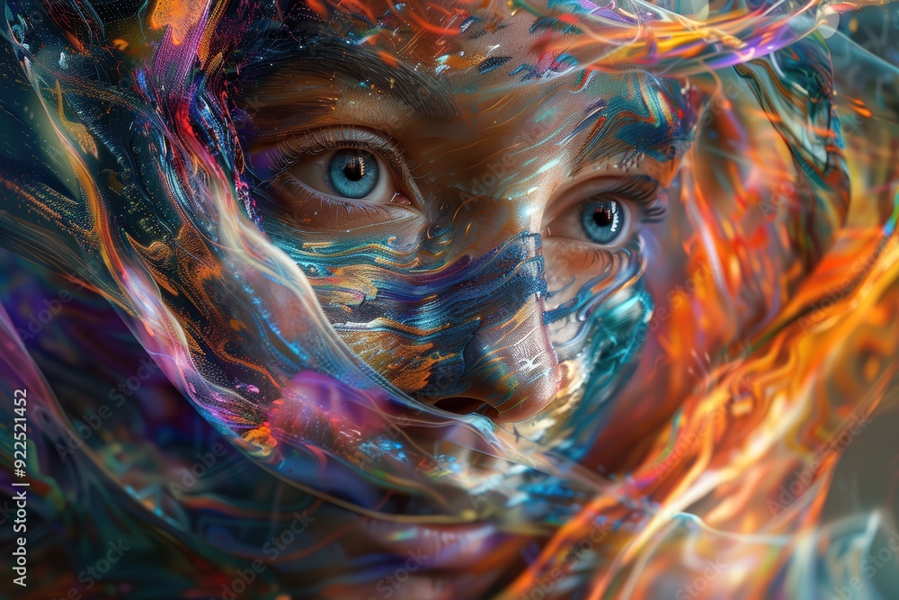 Poster the person’s face is adorned with colorful paint, blending harmoniously with flowing textures in a c
