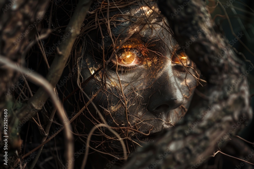 Poster a figure with intricate face paint and glowing eyes peers through twisted branches in an enchanting 