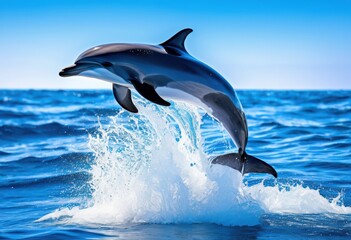 Fototapeta premium vibrant dolphin leaps through dynamic ocean backdrop splashing waves shimmering blue water, sea, marine, animal, creature, sky, nature, scenery, playful