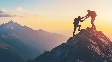 A person helping another up to the top of the mountain, demonstrating friendship and assistance in climbing