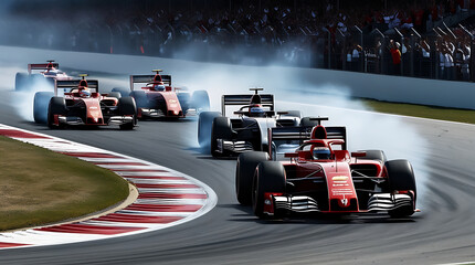 High Speed A1 Grand Prix Cars Drifting on Sharp Curve with Smoking Tires - Intense Racing Action Captured with Packed Grandstands and Cheering Fans