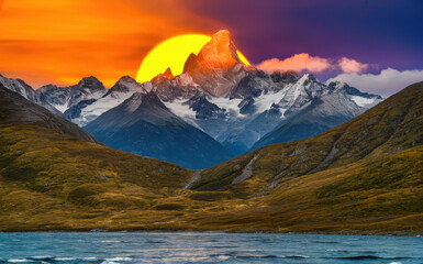 Obraz premium beautiful landscape during either sunrise or sunset. The sun is partially hidden behind a mountain peak, casting a warm glow over the scene