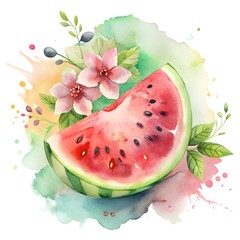 Juicy red watermelon flesh, splashes of sweet juice, watermelon slice with flowers, watercolor illustration on white background. Summer mood. Sublimation, postcard, card, poster, sticker.