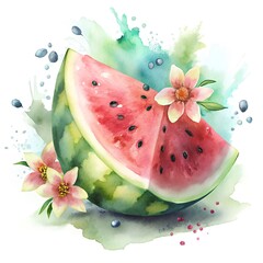 Juicy red watermelon flesh, splashes of sweet juice, watermelon slice with flowers, watercolor illustration on white background. Summer mood. Sublimation, postcard, card, poster, sticker.