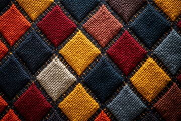 Colorful quilted textile with diamond patterns in rich hues displayed flat