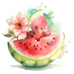 Juicy red watermelon flesh, splashes of sweet juice, watermelon slice with flowers, watercolor illustration on white background. Summer. Sublimation, postcard, card, poster, sticker.