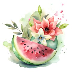 Juicy red watermelon flesh, splashes of sweet juice, watermelon slice with flowers, watercolor illustration on white background. Summer mood. Sublimation, postcard, card, poster, sticker.
