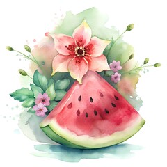 Juicy red watermelon flesh, splashes of sweet juice, watermelon slice with flowers, watercolor illustration on white background. Summer mood. Sublimation, postcard, card, poster, sticker.