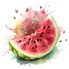 Juicy red watermelon flesh, splashes of sweet juice, watermelon slice, watercolor illustration on white background. Sublimation, postcard, card, poster, sticker.