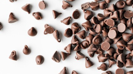 A scattering of chocolate chips on a clean white background, emphasizing sweetness and indulgence.