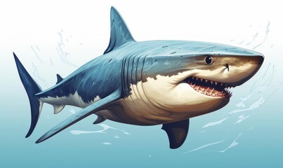 Fototapeta premium A shark circling curiously flat design top view ocean depths cartoon drawing colored pastel