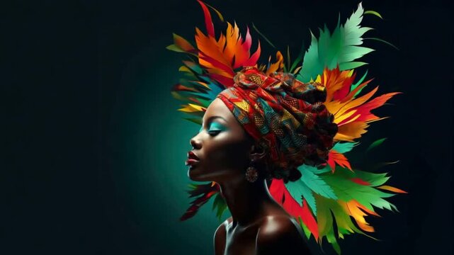 Young african woman in headdress or turban with colors of african flag background, for black history month, juneteenth, keti koti or remembrance abolition