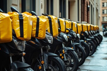 Delivery Fleet of Yellow Scooters Lined Up on Urban Street