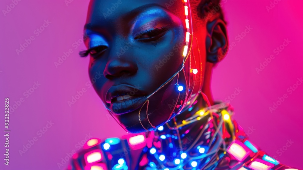 Poster the model displays intricate led accessories against a vibrant backdrop, creating a futuristic and c