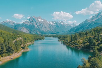 Fototapeta premium Majestic Mountain Range Overlooking Serene Blue Lake and Lush Greenery