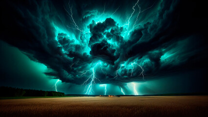 Fototapeta premium Vibrant lightning storm with intense green and dark clouds illuminating the night sky over open field
